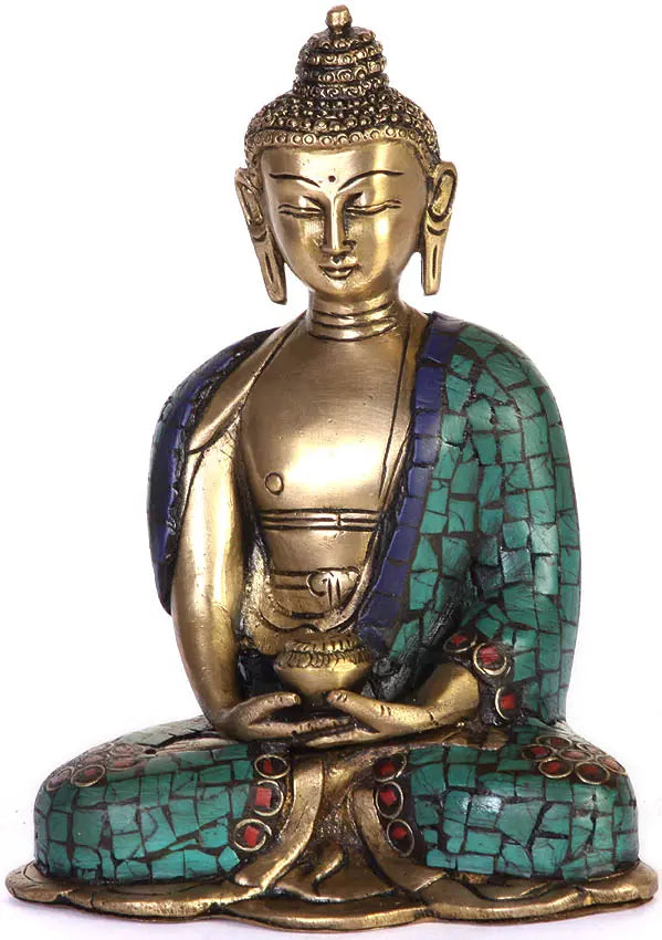6" Buddha Gemstones Brass Statue Handmade