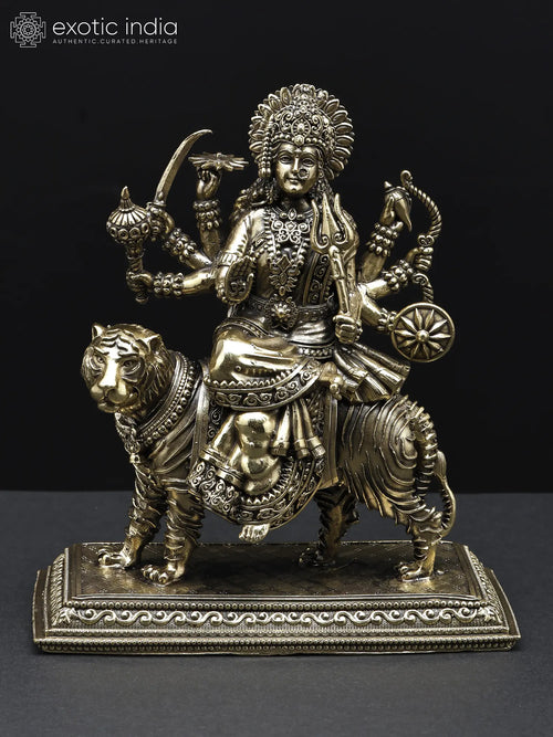 Small Superfine Eight-Armed Goddess Durga Seated on Lion Brass Statue