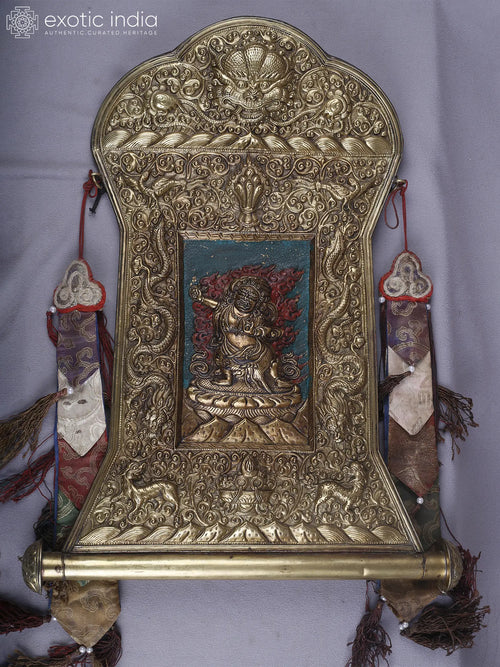 19" Brass Mahakala Wrathful Deity Thangka Wall Hanging for Pooja