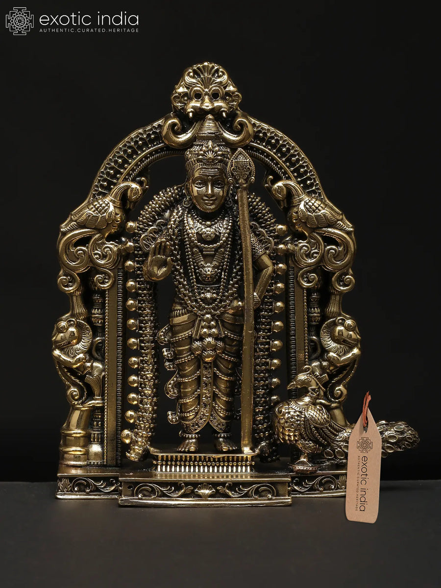 5" Standing Lord Murugan Brass Statue with Kirtimukha Prabhavali