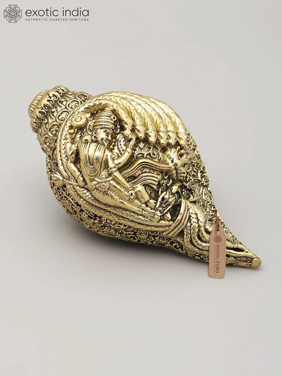 4" Brass Conch Shankh with Shesha-Shayi Lord Vishnu Idol
