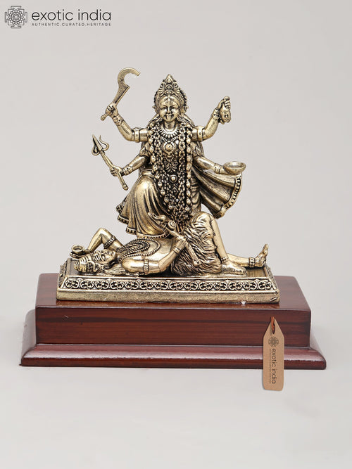 4" Superfine Brass Idol of Goddess Kali with Wood Base for Pooja