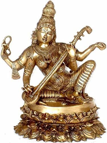 17" Handmade Goddess Saraswati Brass Idol for Pooja