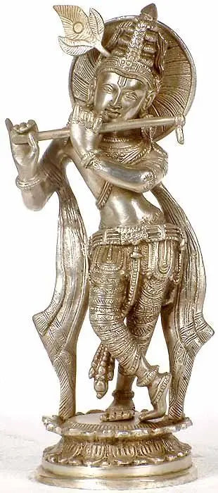 11" Handmade Fluting Krishna Brass Statue