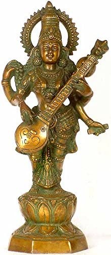 13" Standing Saraswati Handmade Brass Idol for Pooja
