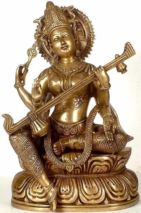 15" Handmade Devi Saraswati Brass Statue for Pooja