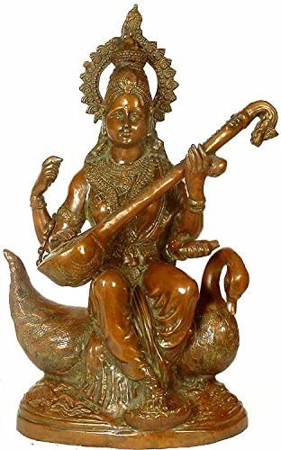 28" Large Goddess Saraswati Brass Statue on Swan Handcrafted