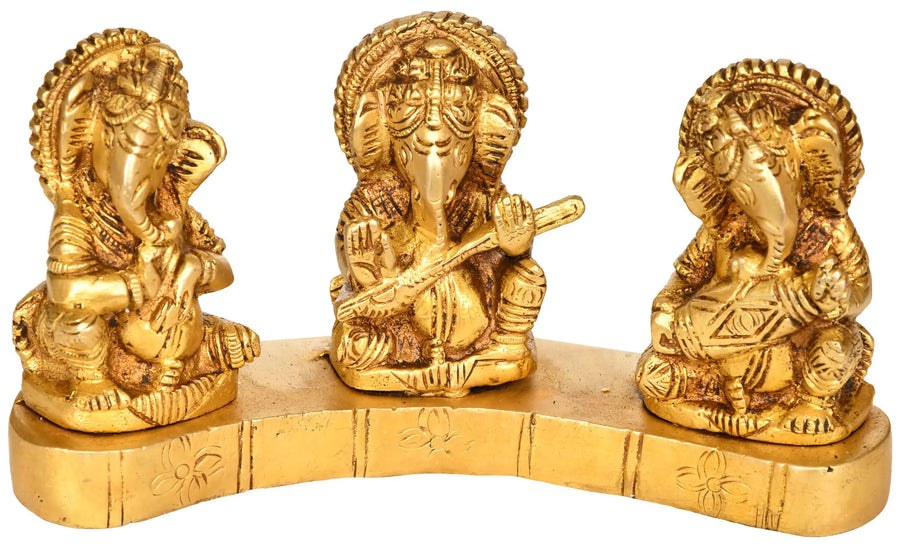 7" Handmade Triple Musician Ganesha Brass Statue