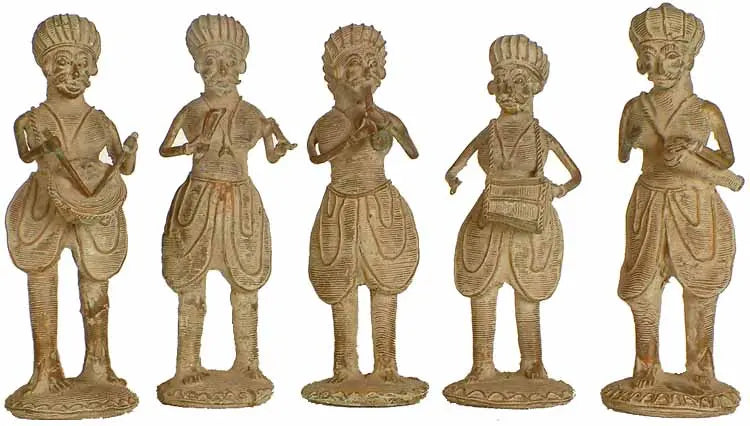 7" Set of Five Tribal Musicians (Folk Statue from Bastar) In Brass | Handmade | Made In India