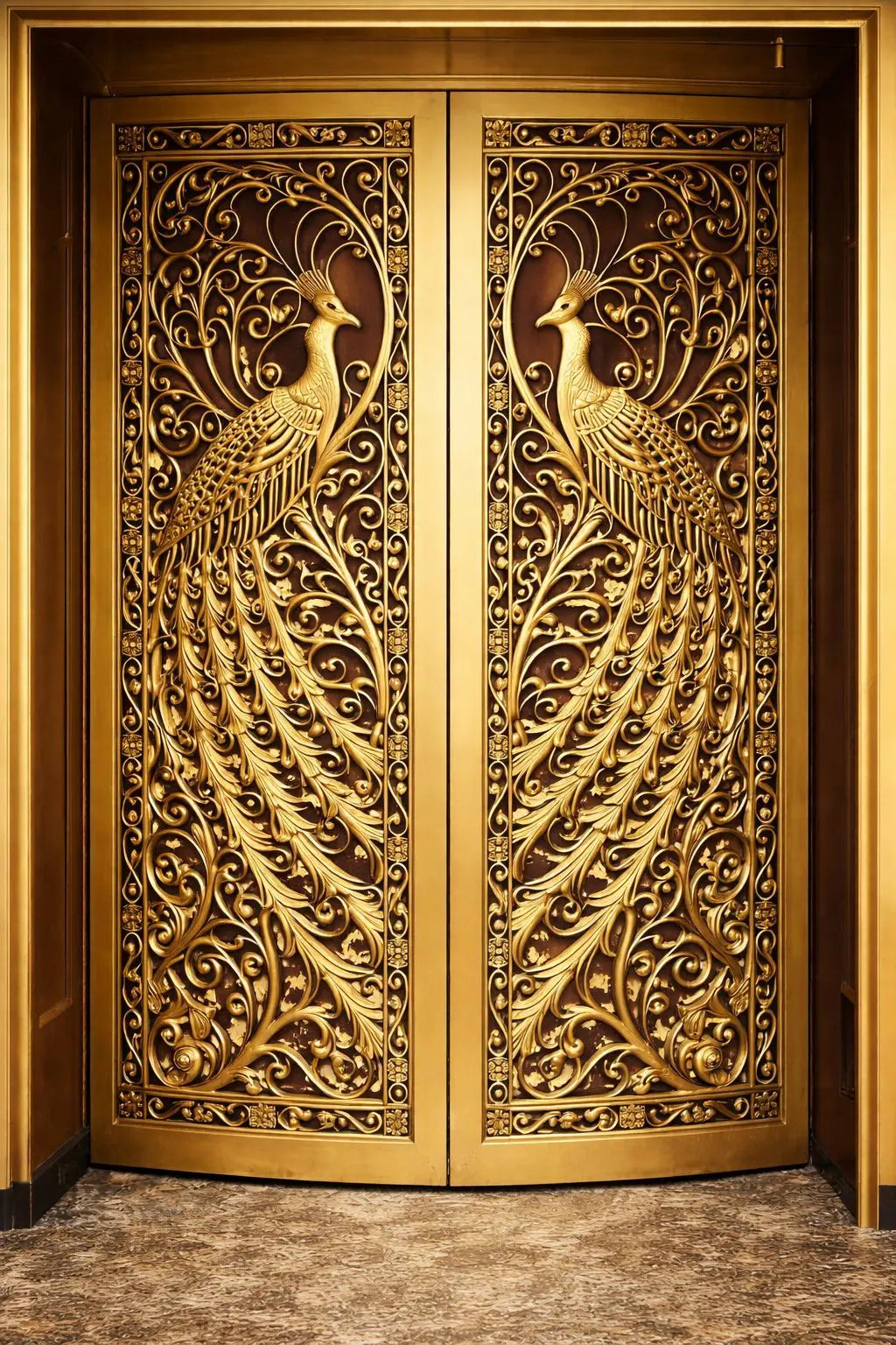 96" Superfine Peacock Brass Doors With Wooden Panels