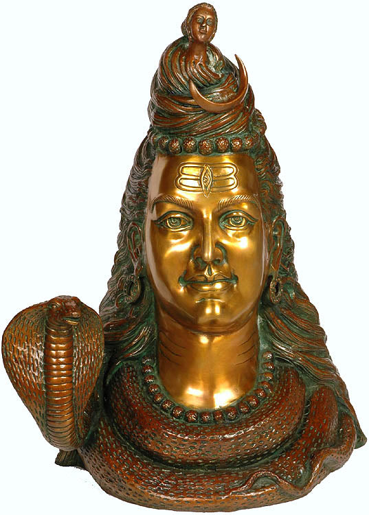 27" Large Brass Lord Shiva Head with Crescent Moon Statue
