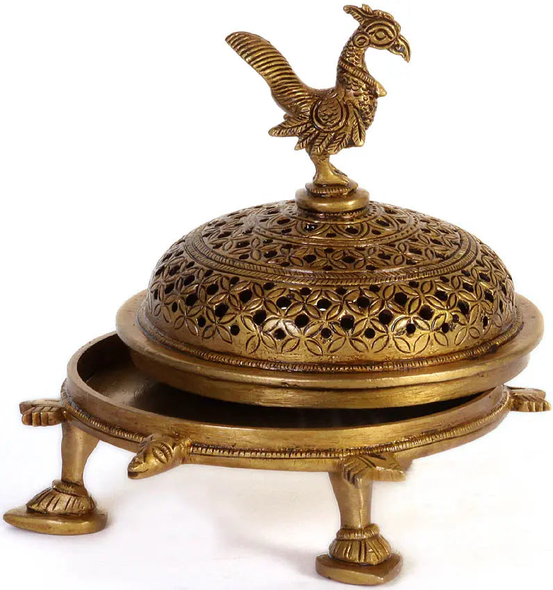 5" Brass Peacock Incense Burner with Tortoise Base Handmade