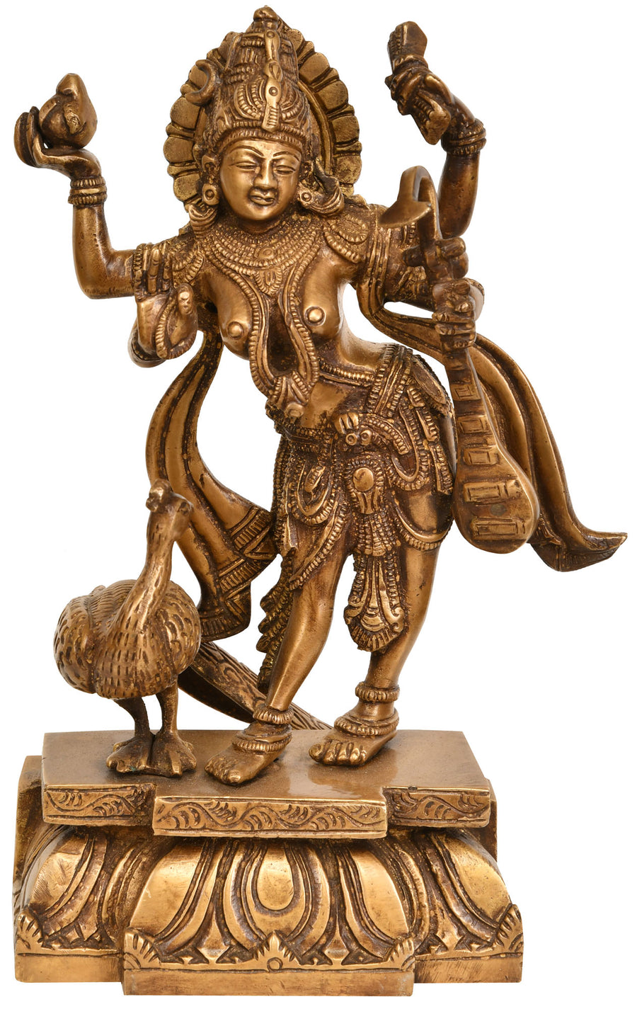 11" Brass Goddess Saraswati Standing Statue with Peacock Handmade