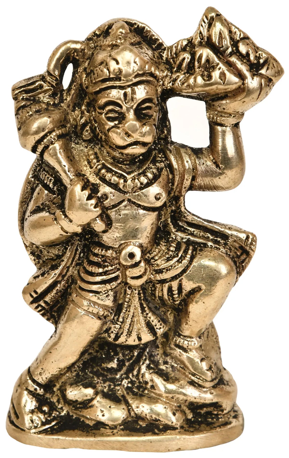 Small Brass Lord Hanuman Idol Holding Mount of Sanjeevani Herbs | Handmade