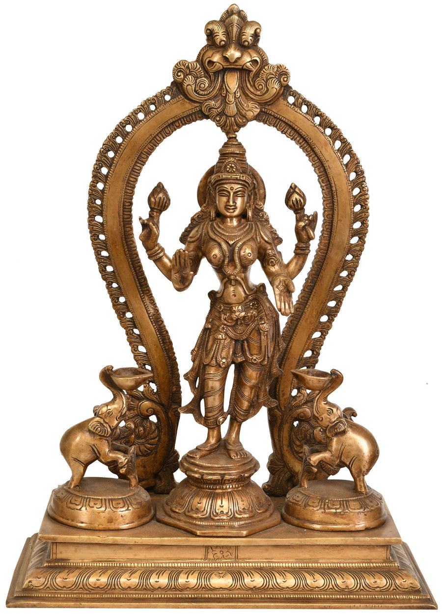 15" Standing Lakshmi Brass Idol with Elephants Handmade