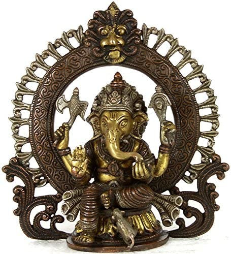 8" Brass Seated Ganesha Idol with Floral Aureole and Kirtimukha