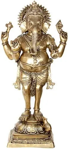 50" Four Armed Standing Ganesha Brass Statue with Short Dhoti