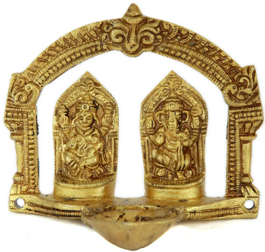 4" Brass Lakshmi Ganesha Puja Lamp with Arch Handmade Sculpture