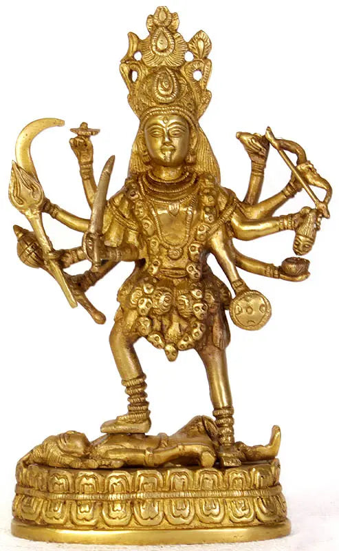 9" Handmade Goddess Kali Ten Hands Brass Statue
