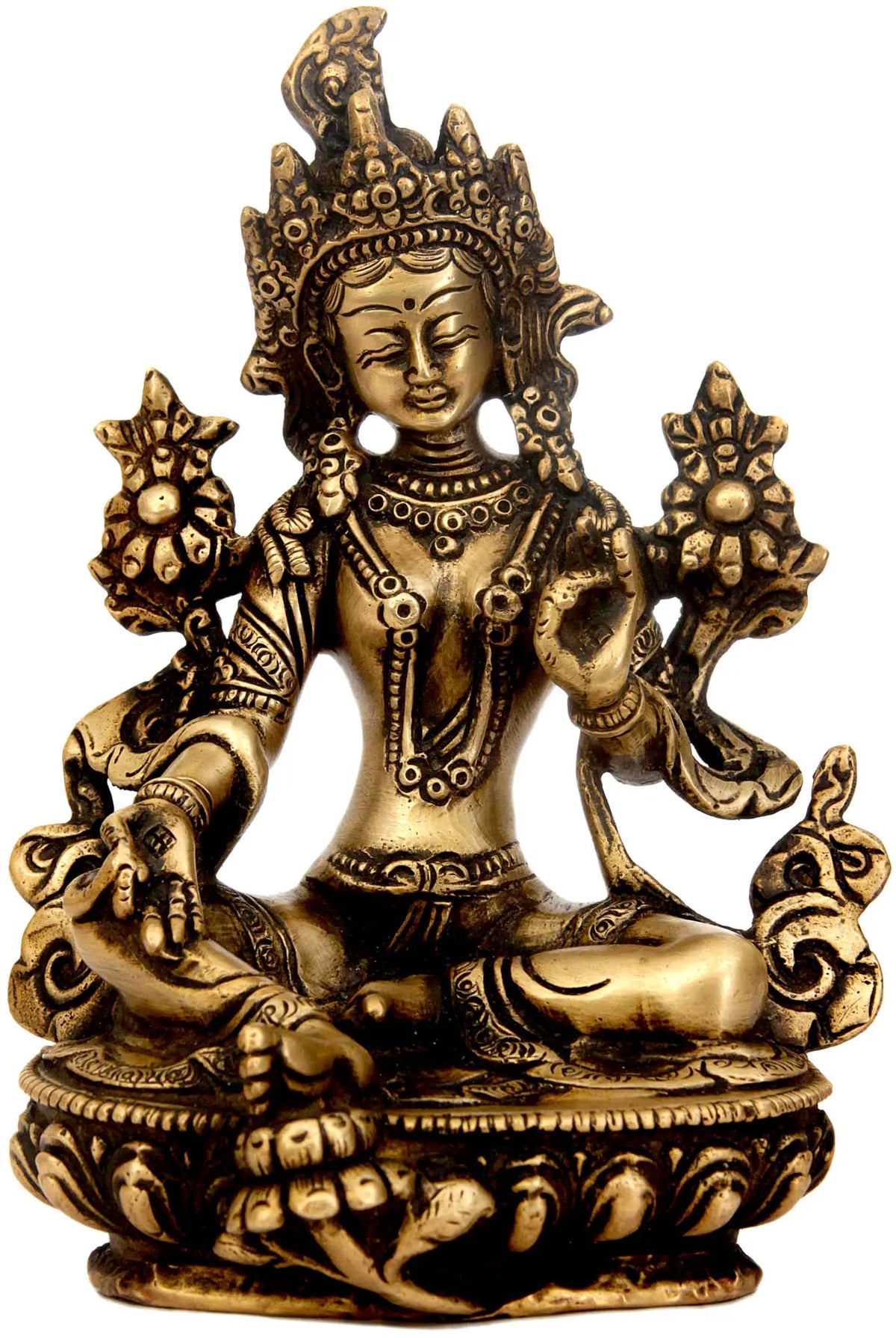 6" Tibetan Buddhist Goddess Green Tara Statue in Brass | Handmade | Made in India