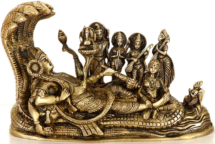 8" Handmade Brass Shesh Shayi Vishnu Idol for Pooja
