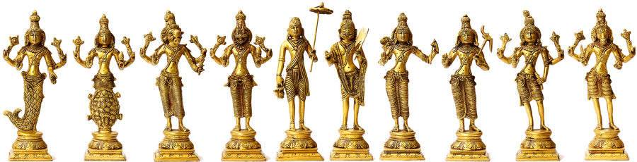9" Dashavatara Brass Statue Set - Ten Incarnations of Vishnu Handmade