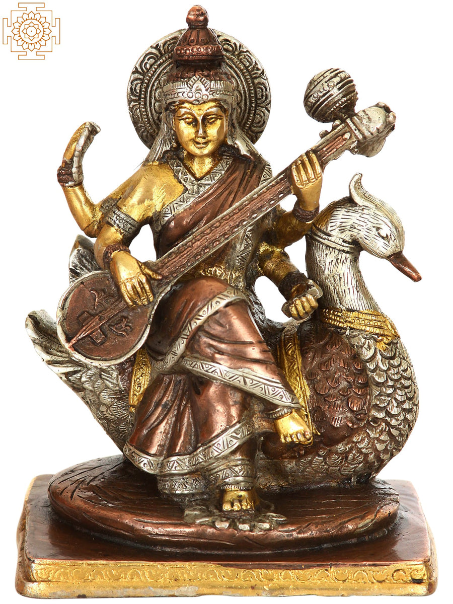 7" Handmade Brass Goddess Saraswati Idol Seated on Swan