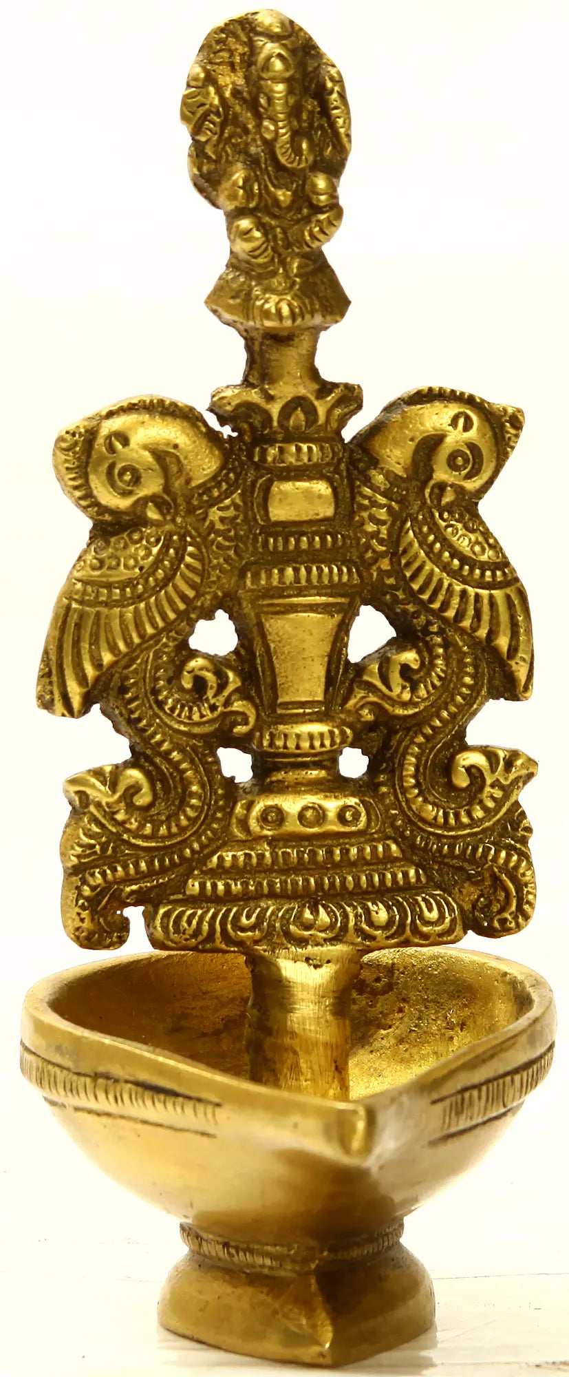 5" Lord Ganesha Brass Lamp with Peacock Pair Handmade