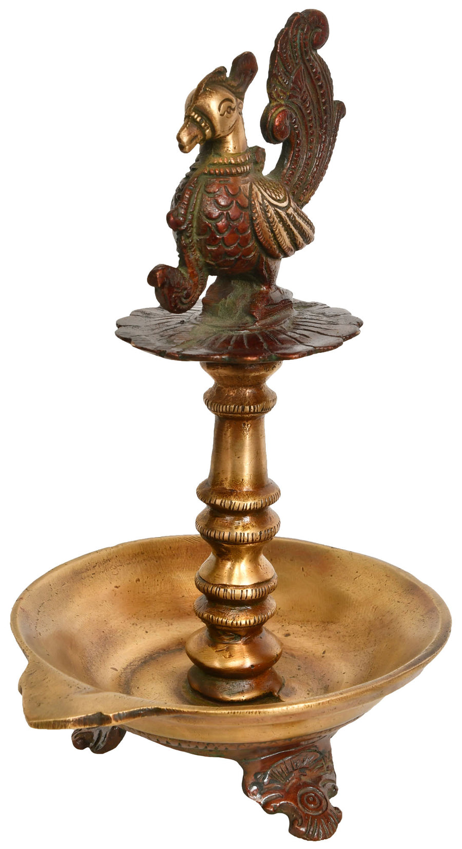 9" Brass Peacock Ritual Lamp Handmade Wick Oil Diya