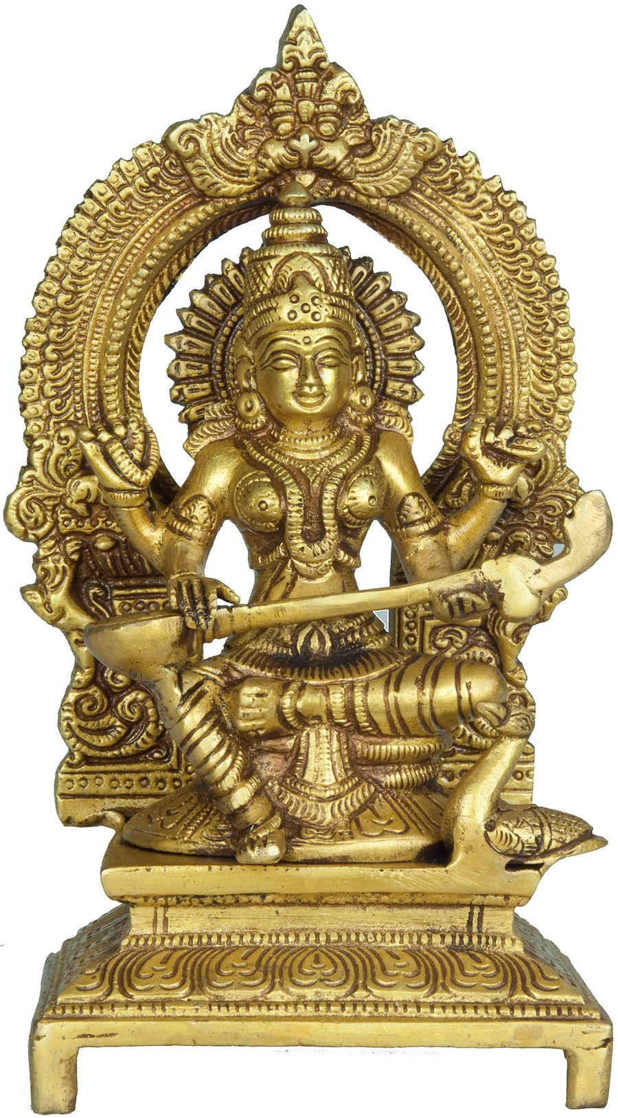 7" Handmade Brass Goddess Saraswati Statue with Floral Aureole
