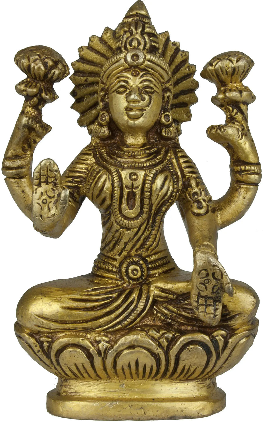 3" Goddess Lakshmi Seated on Lotus Brass Idol Handmade