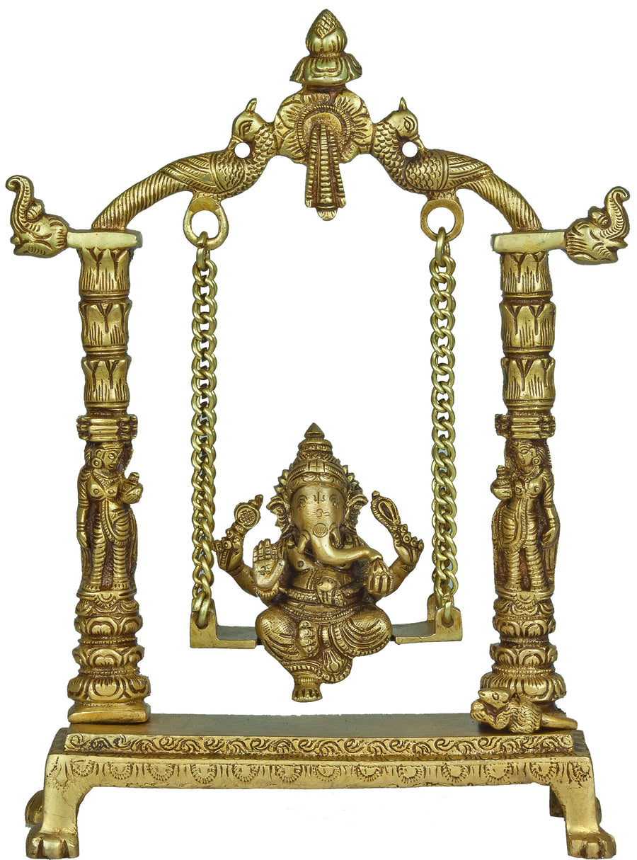 11" Brass Lord Ganesha Statue on Swing Handmade