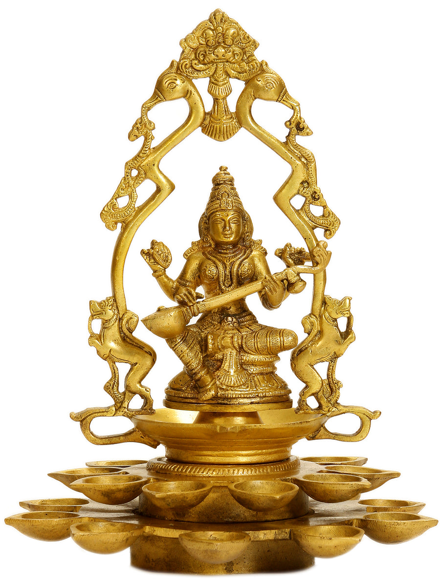 12" Handmade Brass Goddess Saraswati Statue with Mayura-Prabhavali
