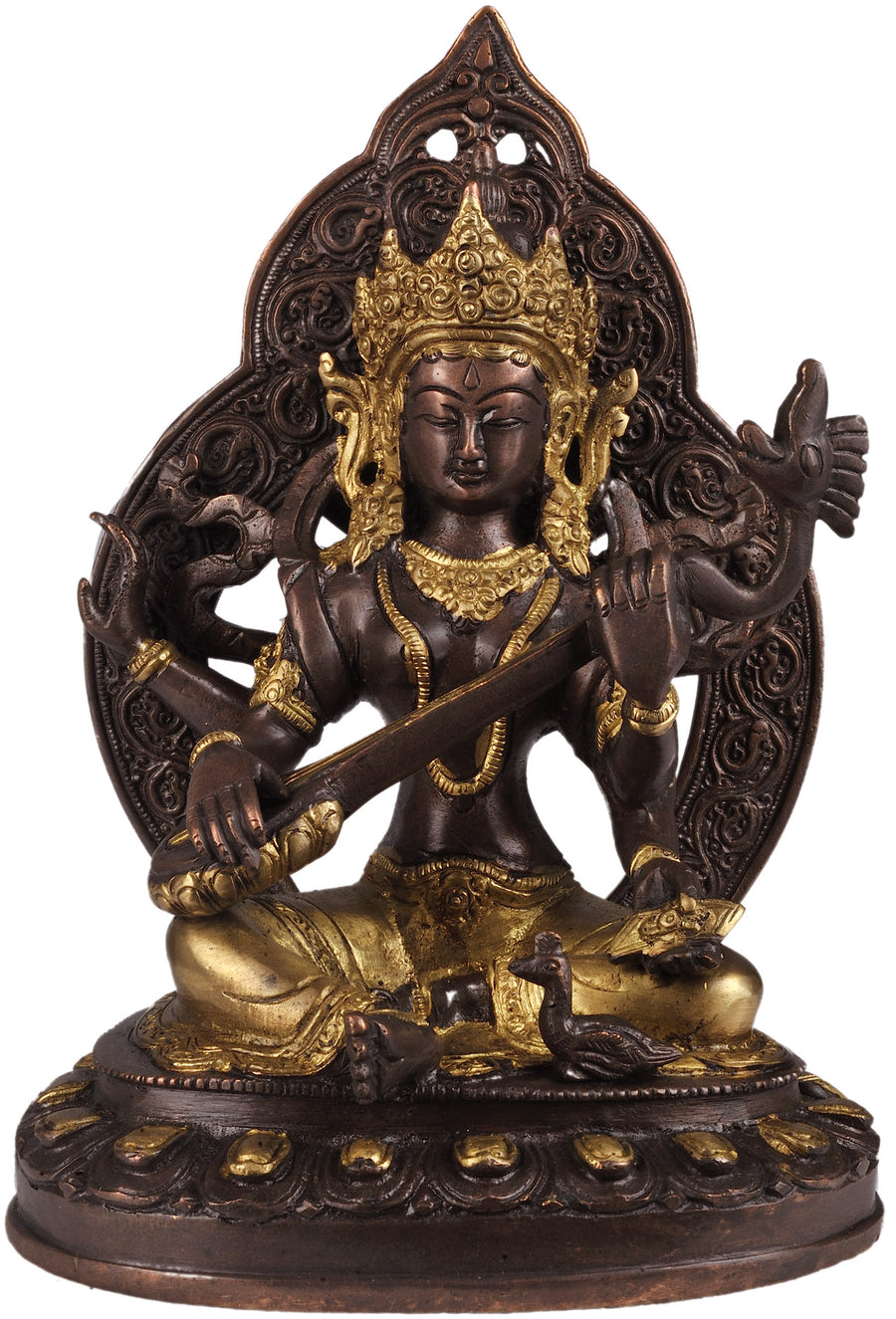9" Four-Armed Seated Saraswati Handmade Brass Statue