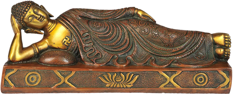 12" Parinirvana Buddha Brass Statue with Auspicious Symbols