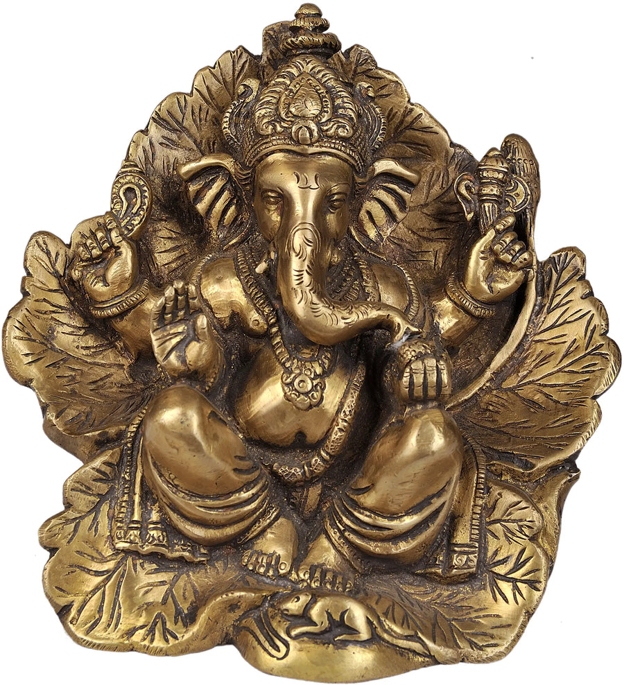 7" Handmade Brass Lord Ganesha Idol Seated on Flower Couch