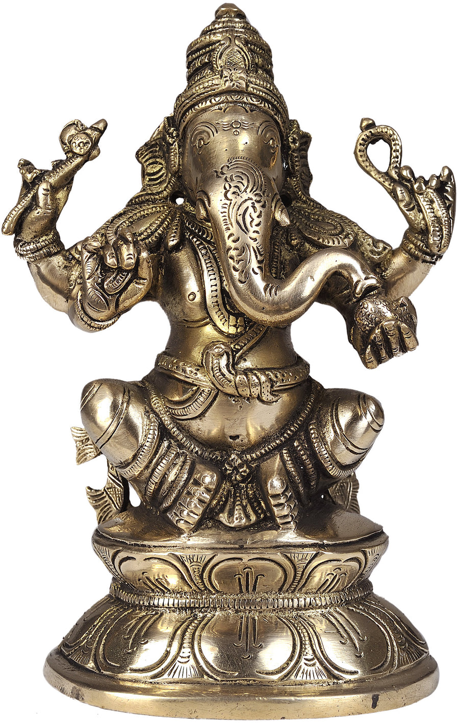 7" Lord Ganesha Brass Statue on Lotus Pedestal Handmade