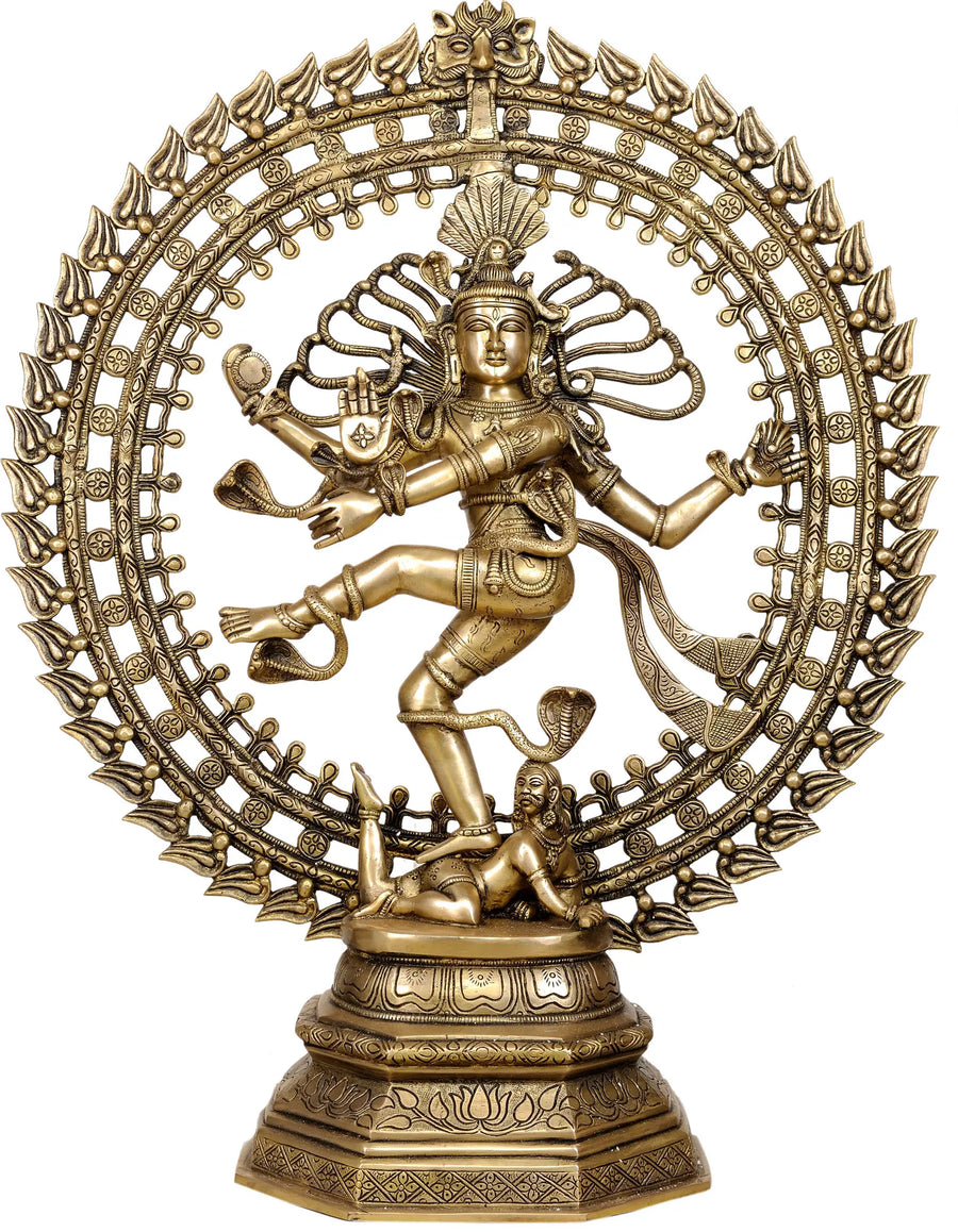 30" Large Nataraja Brass Statue with Engraved Flower Pedestal Handmade