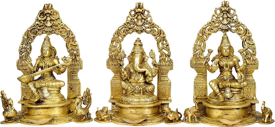 9" Saraswati Ganesha Lakshmi Brass Oil Lamp Handmade