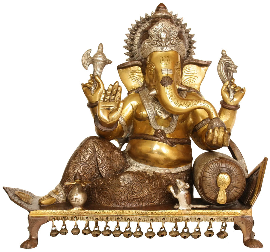 16" Handmade Lord Ganesha Seated on Chowki Brass Statue
