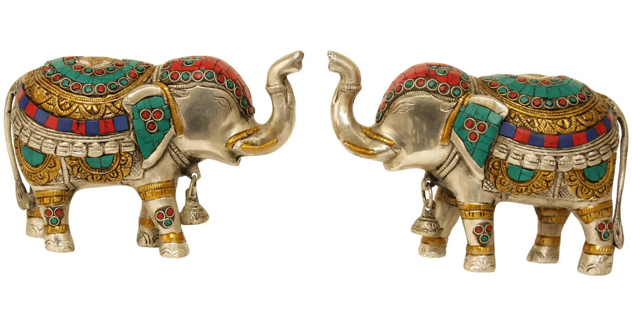 Brass Elephant Pair Statue with Bells and Upraised Trunks