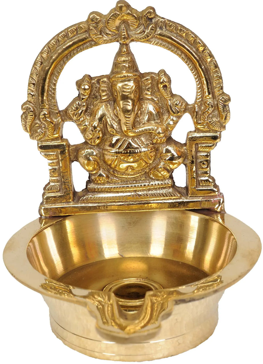 4" Handmade Lord Ganesha Brass Lamp Traditional Oil Diya