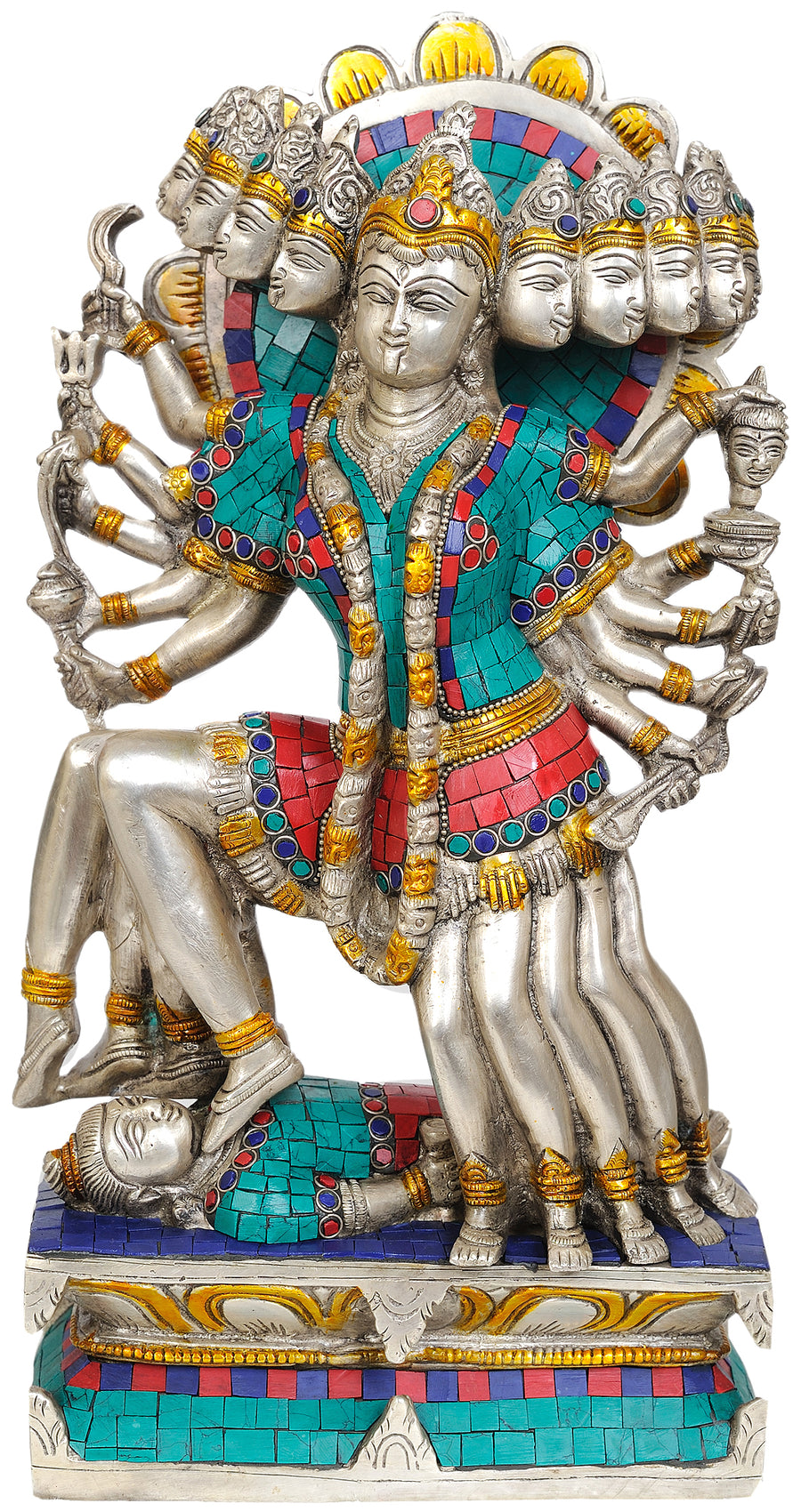 15" Mahakali Brass Statue - Ten-Faced Handmade Idol