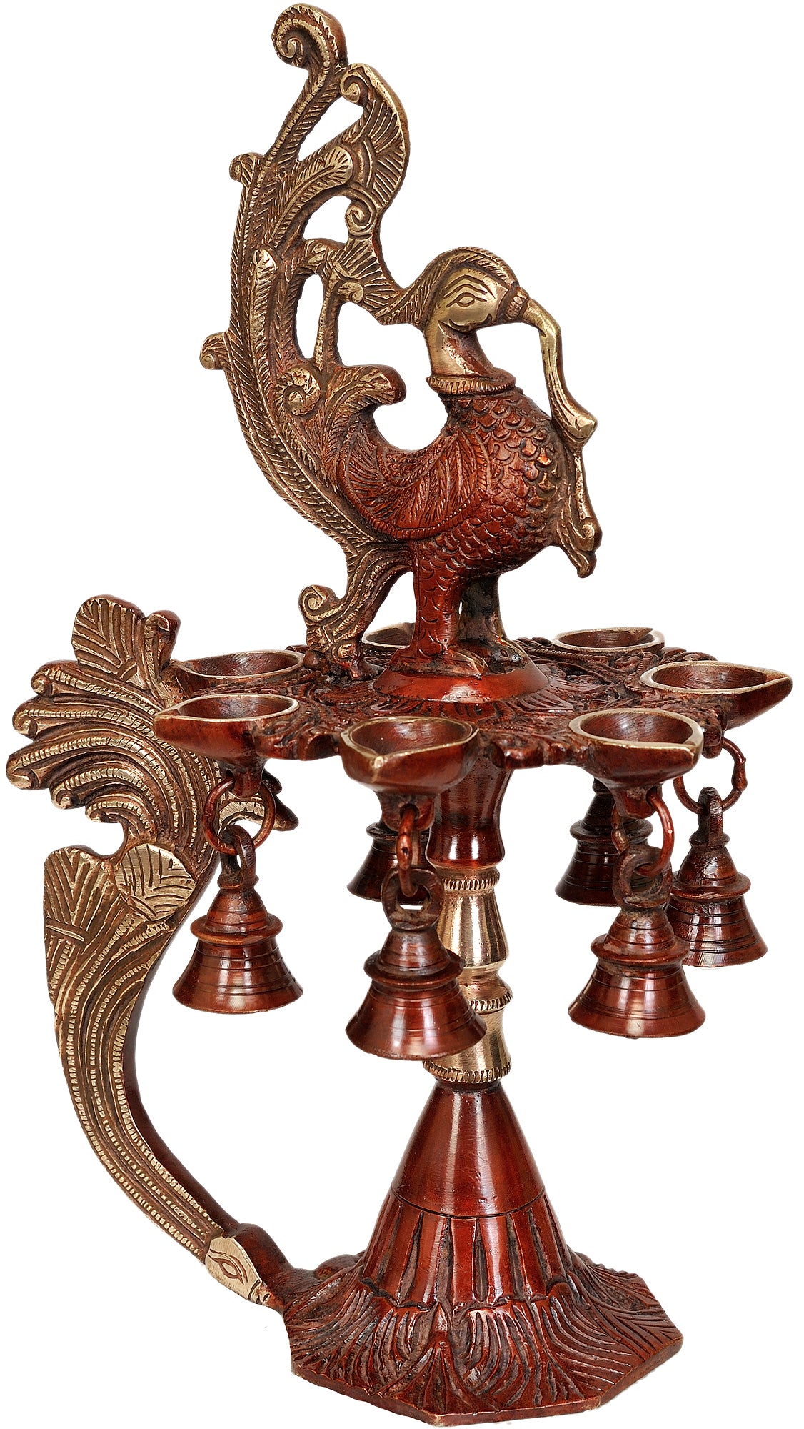 12" Handmade Brass Mayur Puja Lamp with Seven Wicks and Bells