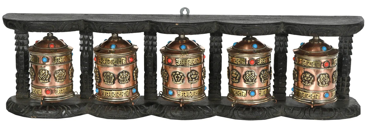 Made in Nepal Five Monastery Prayer Wheels in One Stand (Tibetan Buddhist)