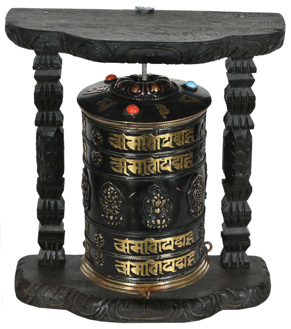 Enshrined Tibetan Buddhist Prayer Wheel Brass Statue
