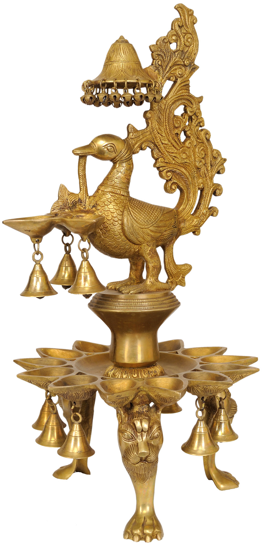 Brass Mayur Peacock Lamp with Hanging Bells and Ghungroos
