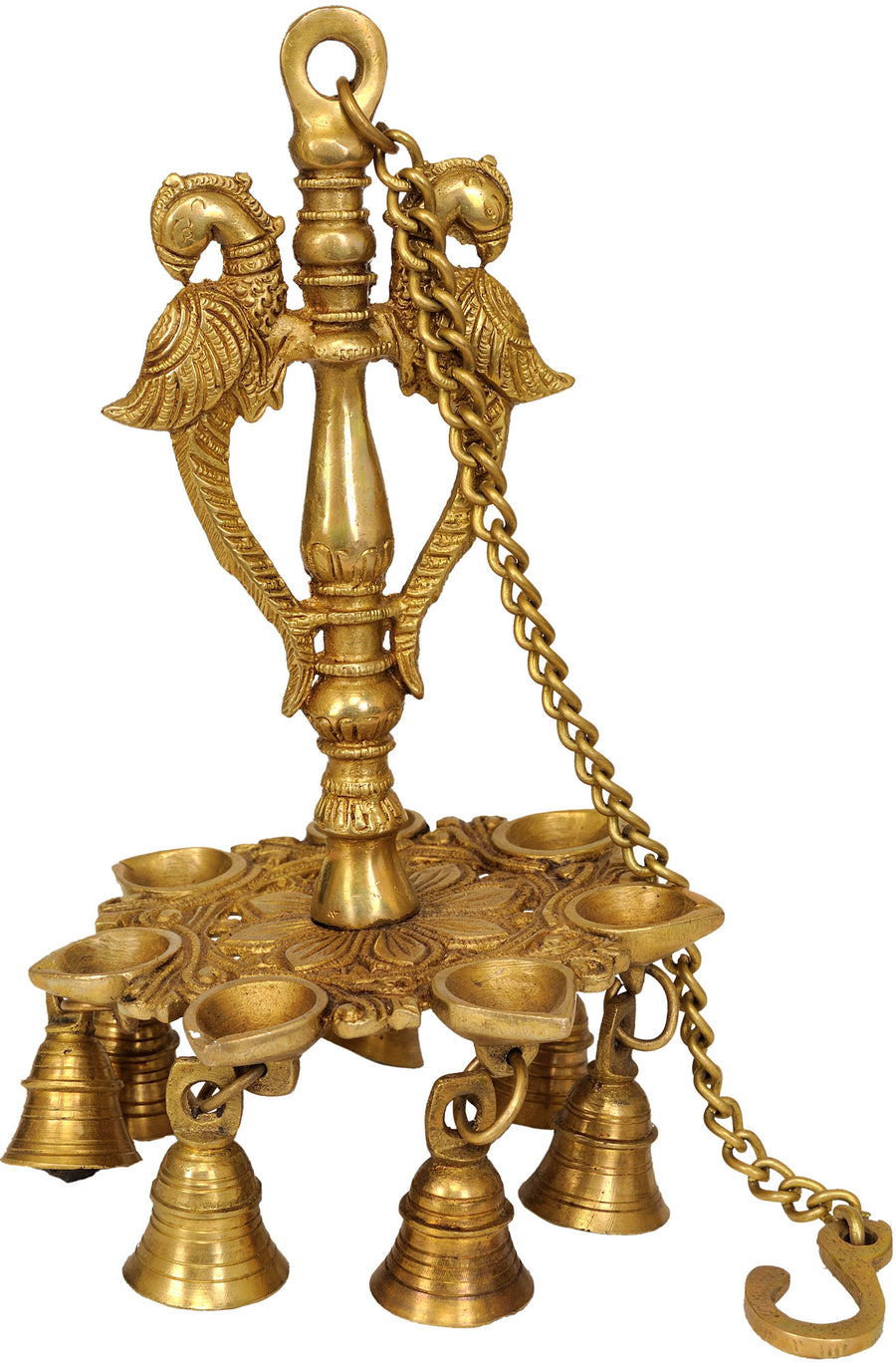 10" Brass Mayura Hanging Lamp with Bells - Handmade