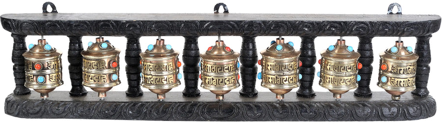 Set of Seven Prayer Wheels Brass Wall Hanging