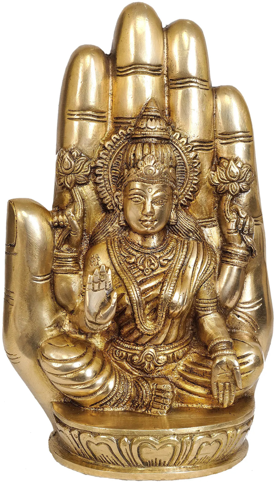9" Goddess Lakshmi Seated on Lotus Brass Statue Handmade